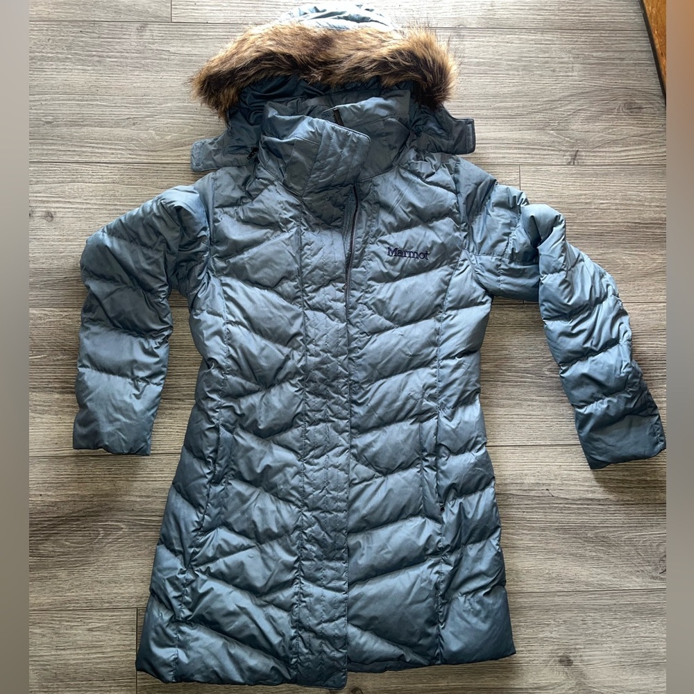 Spyder Women's Long Puffer Coat with Faux Fur Hood - Slate Blue